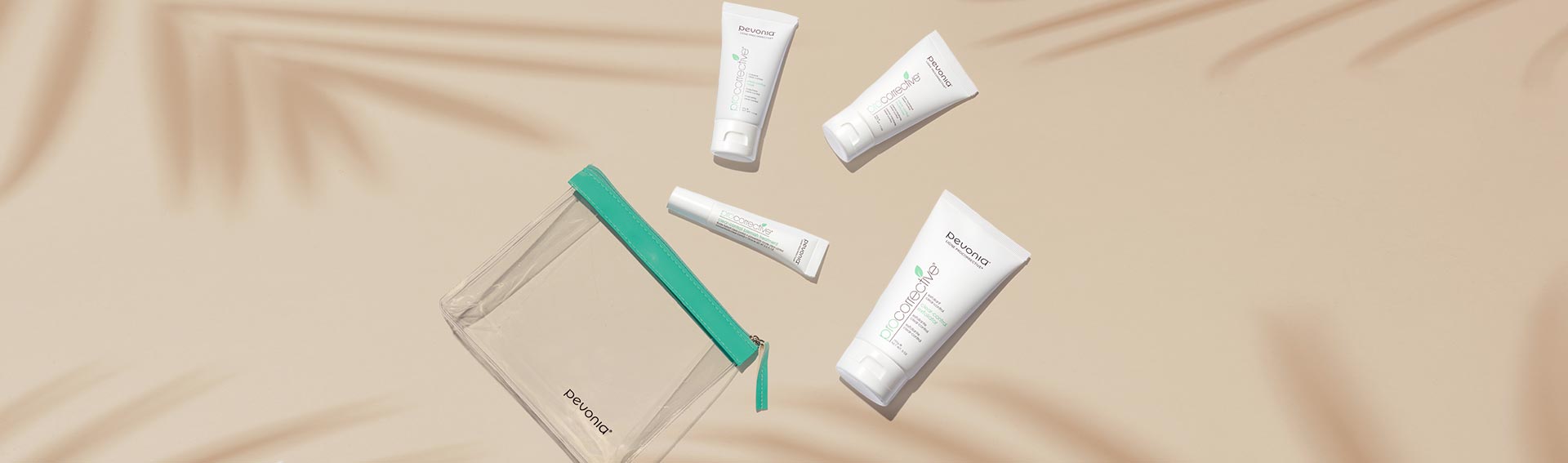 Pevonia ProCorrective products laid out on a beige backdrop alongside a see-through Pevonia bag.